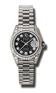 Rolex Pre Owned Datejust White Gold Black Jubilee Diamond Dial 26mm