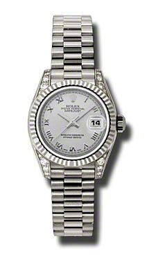 Rolex Pre Owned Datejust White Gold Silver Roman Dial 26mm