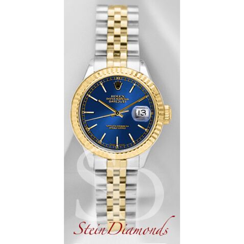 Rolex Lady Two-Tone Datejust Fluted Bezel Custom Blue Stick Dial on Jubilee Band 26mm