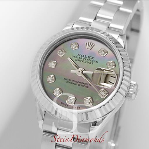 Rolex Lady Steel Datejust Fluted Bezel Custom Dark Mother of Pearl Diamond Dial on Oyster Band 26mm