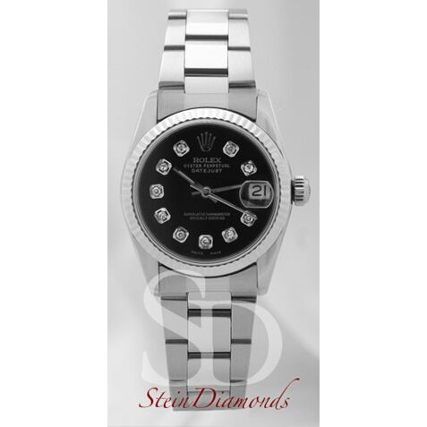 Rolex Mid-Size Steel Datejust Fluted Bezel Custom Black Diamond Dial on Oyster Band 31mm