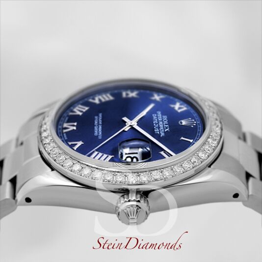 Rolex Mid-Size Steel Datejust Custom Diamond Bezel and Custom Blue Roman Dial on Oyster Band 31mm