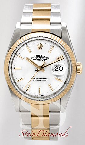 Pre Owned Rolex Two-Tone Datejust Fluted Bezel Custom White Index Dial on Oyster Band 36mm