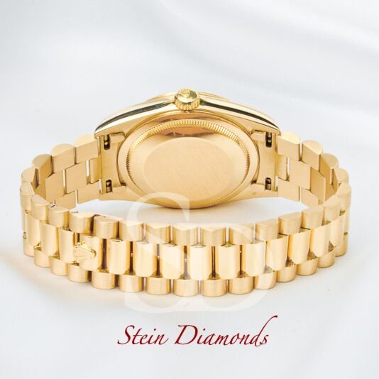 Rolex Day-Date Yellow Gold Fluted Bezel Custom Mother of Pearl Diamond Dial on Presidental Bracelet 36mm