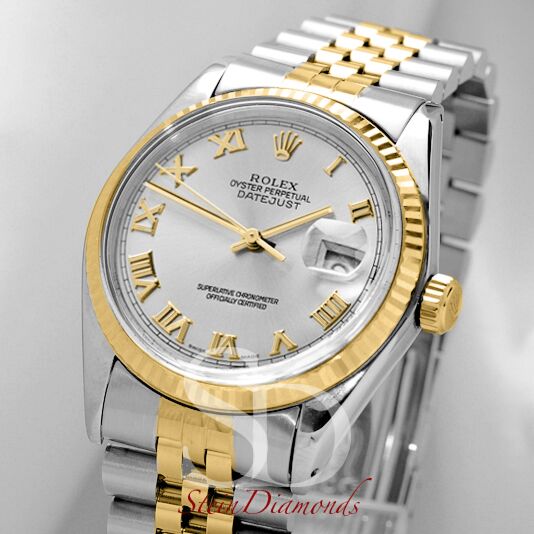 Pre Owned Rolex Two-Tone Datejust Fluted Bezel Custom Silver Roman Dial on Jubilee Band 36mm