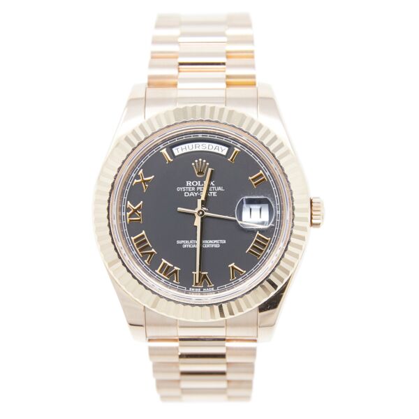 Rolex Pre-Owned Day-Date II Rose Gold Black Roman Dial on Presidential Bracelet [41mm]