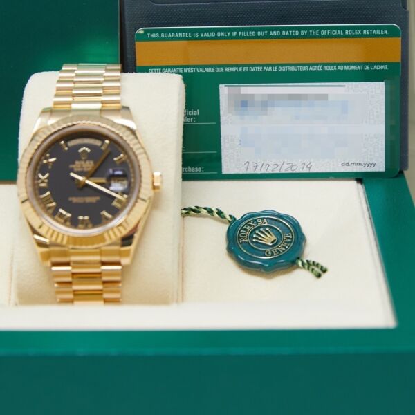 Rolex Pre-Owned Day-Date II Yellow Gold Black Roman Dial on Presidential Bracelet [COMPLETE SET] 41mm
