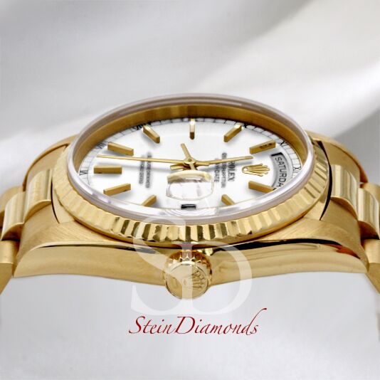 Rolex Day-Date Yellow Gold Fluted Bezel White Stick Dial on Presidental Bracelet 36mm