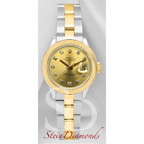 Rolex Lady Two-Tone Datejust Smooth Bezel Custom Champagne Diamond Dial on Oyster Band 26mm