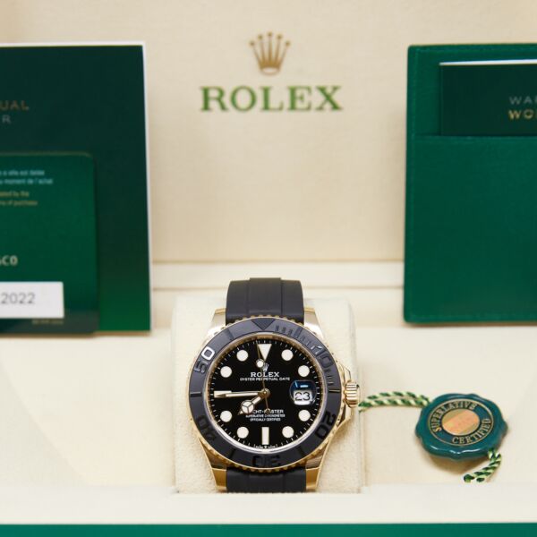 Rolex Pre-Owned Yacht-Master 18K Yellow Gold Black Dial on Oysterflex [BOX and PAPERS 2022] MINT 42mm
