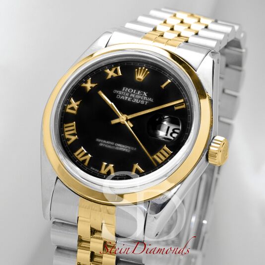 Pre Owned Rolex Two-Tone Datejust Black Roman Smooth on Jubilee Band