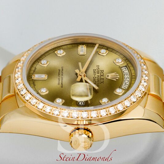 Rolex Day-Date Yellow Gold Custom Diamond Bezel Custom Champagne Diamond Dial on Presidental Bracelet 36mm