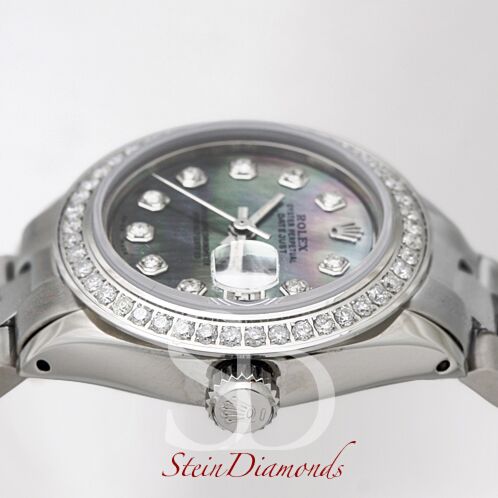 Rolex Lady Steel Datejust Custom Diamond Bezel Custom Dark Mother of Pearl Diamond Dial on Oyster Band 26mm