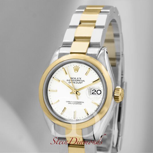 Rolex Lady Two-Tone Datejust Smooth Bezel Custom White Index Dial on Oyster Band 26mm