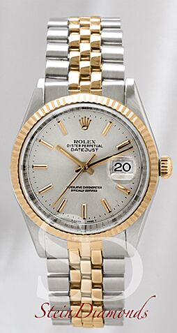 Pre Owned Rolex Two-Tone Datejust Fluted Bezel Silver Index Dial on Jubilee Band 36mm