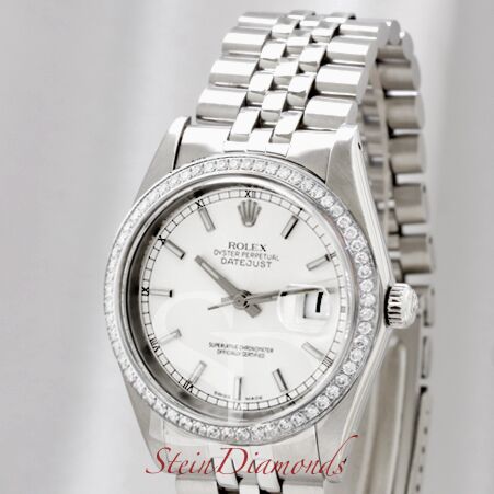 Pre Owned Rolex Steel Datejust Custom Diamond Bezel and Custom White Index Dial on Jubilee Band 36mm