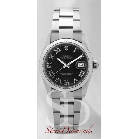 Rolex Mid-Size Steel Datejust Fluted Bezel Custom Black Roman Dial on Oyster Band 31mm