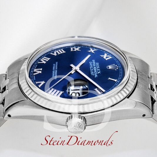 Pre Owned Rolex Steel Datejust Fluted Bezel Custom Blue Roman Dial on Jubilee Band 36mm