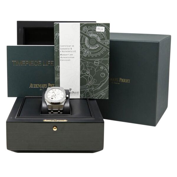 Pre Owned Royal Oak Dual Time Steel White Dial on Bracelet 39mm Complete Box and Papers