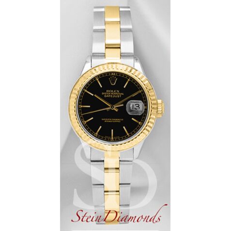 Rolex Lady Two-Tone Datejust Fluted Bezel Custom Black Index Dial on Oyster Band 26mm