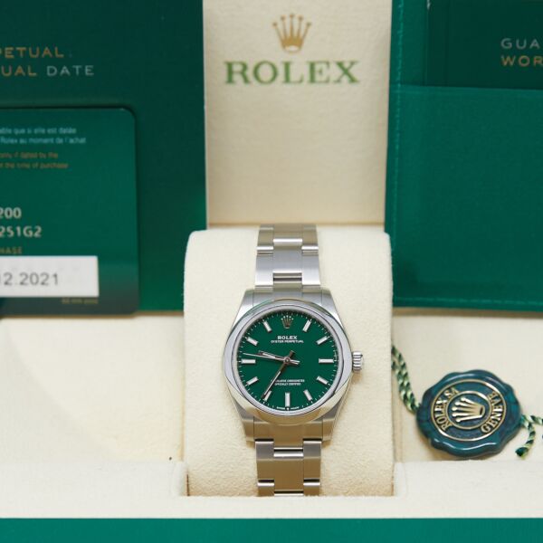 Rolex Pre-Owned Oyster Perpetual Stainless Steel Green Dial on Oyster Bracelet [COMPLETE SET 2021] 31mm