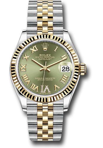 Rolex Datejust Steel and Yellow Gold Fluted Bezel Green Diamond Roman 6 Dial on Jubilee Bracelet 31mm
