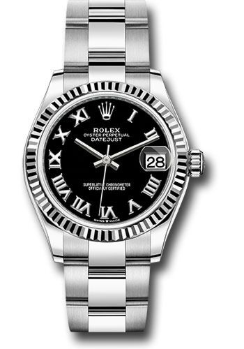 Rolex Datejust Steel and White Gold Fluted Bezel Black Roman Dial on Oyster Bracelet 31mm