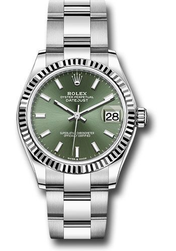 Rolex Datejust Steel and White Gold Fluted Bezel Green Stick Dial on Oyster Bracelet 31mm