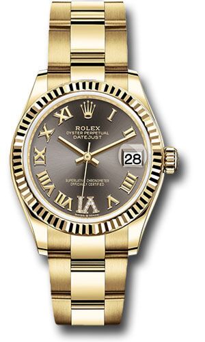 Rolex Datejust President Yellow Gold Fluted Bezel Dark Grey Diamond Roman 6 Dial on Oyster Bracelet 31mm