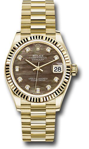 Rolex Datejust President Yellow Gold Fluted Bezel Dark Mother of Pearl Diamond Dial on President Bracelet 31mm