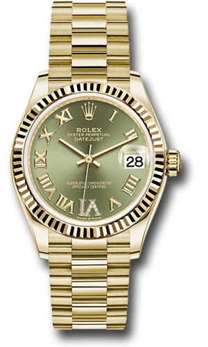 Rolex Datejust President Yellow Gold Fluted Bezel Green Diamond Roman 6 Dial on President Bracelet 31mm