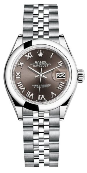 Rolex Datejust 28 Steel Smooth Bezel Dark Grey Roman Dial Jubilee Bracelet 28mm