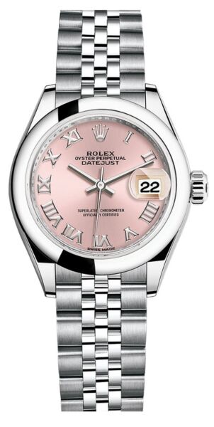 Rolex Datejust 28 Steel Smooth Bezel Pink Roman Dial Jubilee Bracelet 28mm