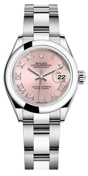 Rolex Datejust 28 Steel Smooth Bezel Pink Roman Dial Oyster Bracelet 28mm