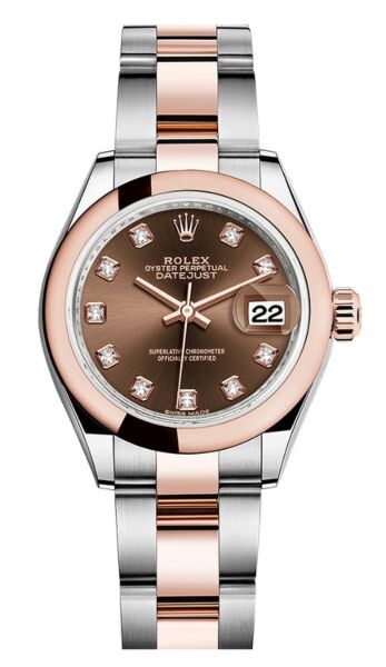 Rolex Datejust 28 Steel and Rose Gold Smooth Bezel Aubergine Diamond Dial Oyster Bracelet 28mm