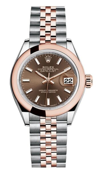 Rolex Datejust 28 Steel and Rose Gold Smooth Bezel Chocolate Stick Dial Jubilee Bracelet 28mm