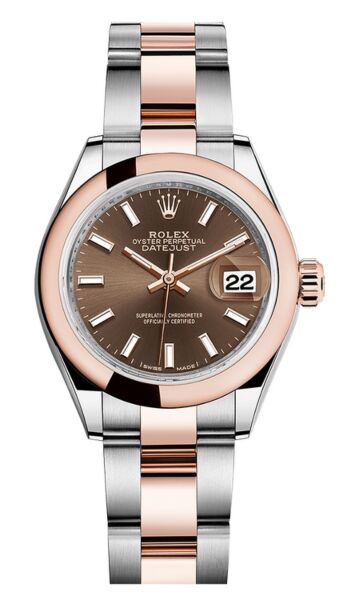 Rolex Datejust 28 Steel and Rose Gold Smooth Bezel Chocolate Stick Dial Oyster Bracelet 28mm