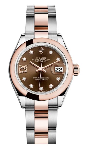 Rolex Datejust 28 Steel and Rose Gold Smooth Bezel Chocolate Diamond Star 9 Dial Oyster Bracelet 28mm