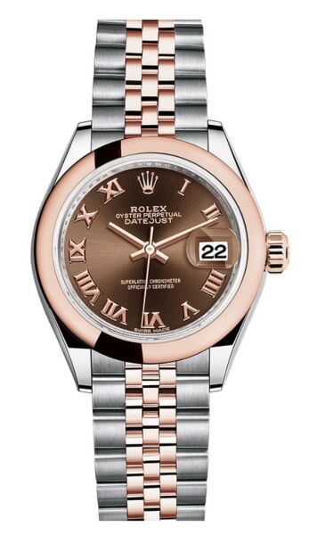 Rolex Datejust 28 Steel and Rose Gold Smooth Bezel Chocolate Roman Dial Jubilee Bracelet 28mm
