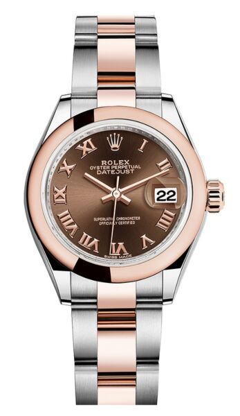 Rolex Datejust 28 Steel and Rose Gold Smooth Bezel Chocolate Roman Dial Oyster Bracelet 28mm