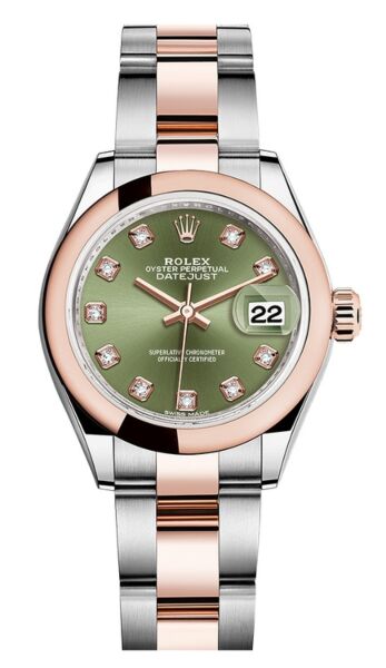 Rolex Datejust 28 Steel and Rose Gold Smooth Bezel Olive Green Diamond Dial Oyster Bracelet 28mm
