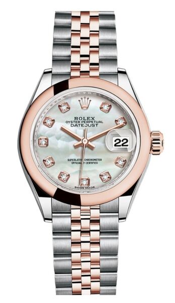 Rolex Datejust 28 Steel and Rose Gold Smooth Bezel Mother of Pearl Diamond Dial Jubilee Bracelet 28mm
