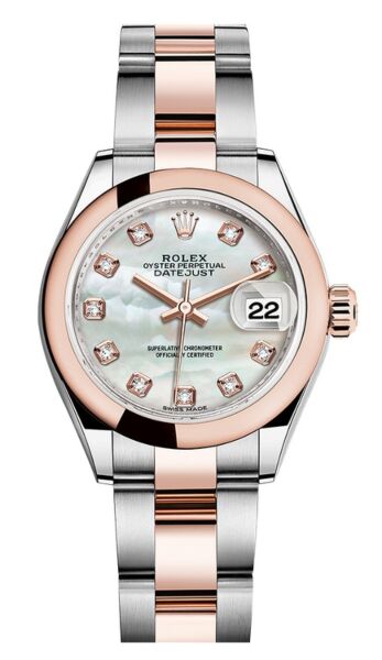 Rolex Datejust 28 Steel and Rose Gold Smooth Bezel Mother of Pearl Diamond Dial Oyster Bracelet 28mm