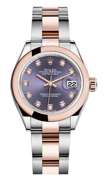 Rolex Datejust 28 Steel and Rose Gold Smooth Bezel Aubergine Diamond Dial Oyster Bracelet 28mm