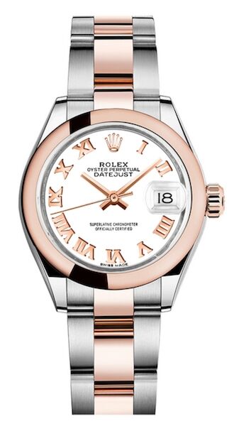Rolex Datejust 28 Steel and Rose Gold Smooth Bezel White Roman Dial Oyster Bracelet 28mm