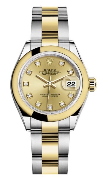 Rolex Datejust 28 Steel and Yellow Gold Smooth Bezel Champagne Diamond Dial Oyster Bracelet 28mm