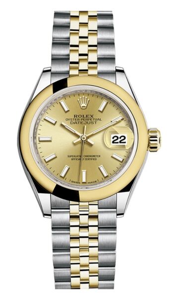 Rolex Datejust 28 Steel and Yellow Gold Smooth Bezel Champagne Stick Dial Jubilee Bracelet 28mm