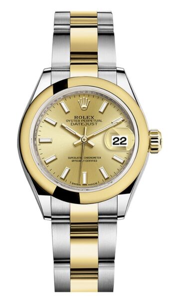 Rolex Datejust 28 Steel and Yellow Gold Smooth Bezel Champagne Stick Dial Oyster Bracelet 28mm