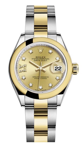 Rolex Datejust 28 Steel and Yellow Gold Smooth Bezel Champagne Diamond Star 9 Dial Oyster Bracelet 28mm