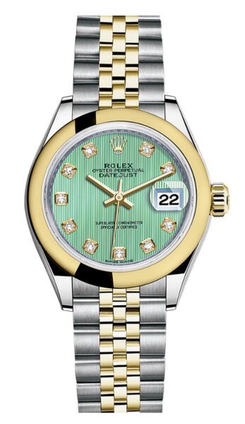 Rolex Datejust 28 Steel and Yellow Gold Smooth Bezel Mint Green Diamond Dial Jubilee Bracelet 28mm